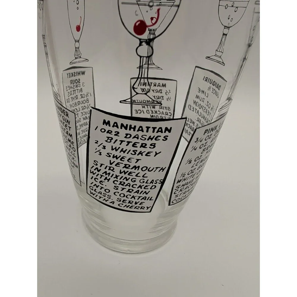 Vtg MCM XLarge 32-Oz Glass Cocktail Shaker Recipes 2 Lids Martini Daiquiri